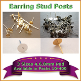 10 - 400 Earring Posts 4mm/6mm/8mm Pad Size 12mm length No Backings