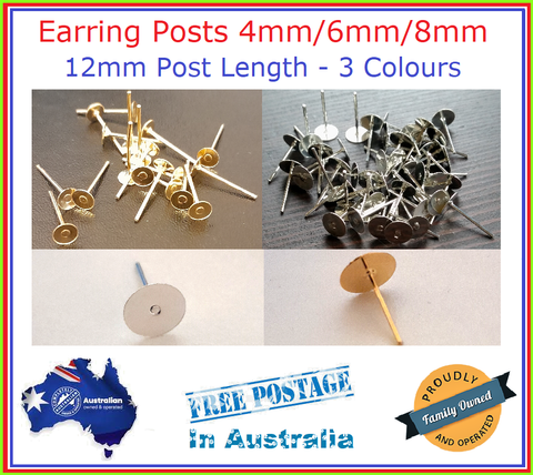 10 - 1000 Earring Posts 4mm/6mm/8mm Pad Size 12mm length No Backings