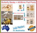 10-2000 earring stud 4 6 8mm post pad finding butterfly + backs