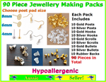 90 Piece Jewellery Making Pack Kit Hypoallergenic Earring Backs 4mm/6mm/8mm Posts